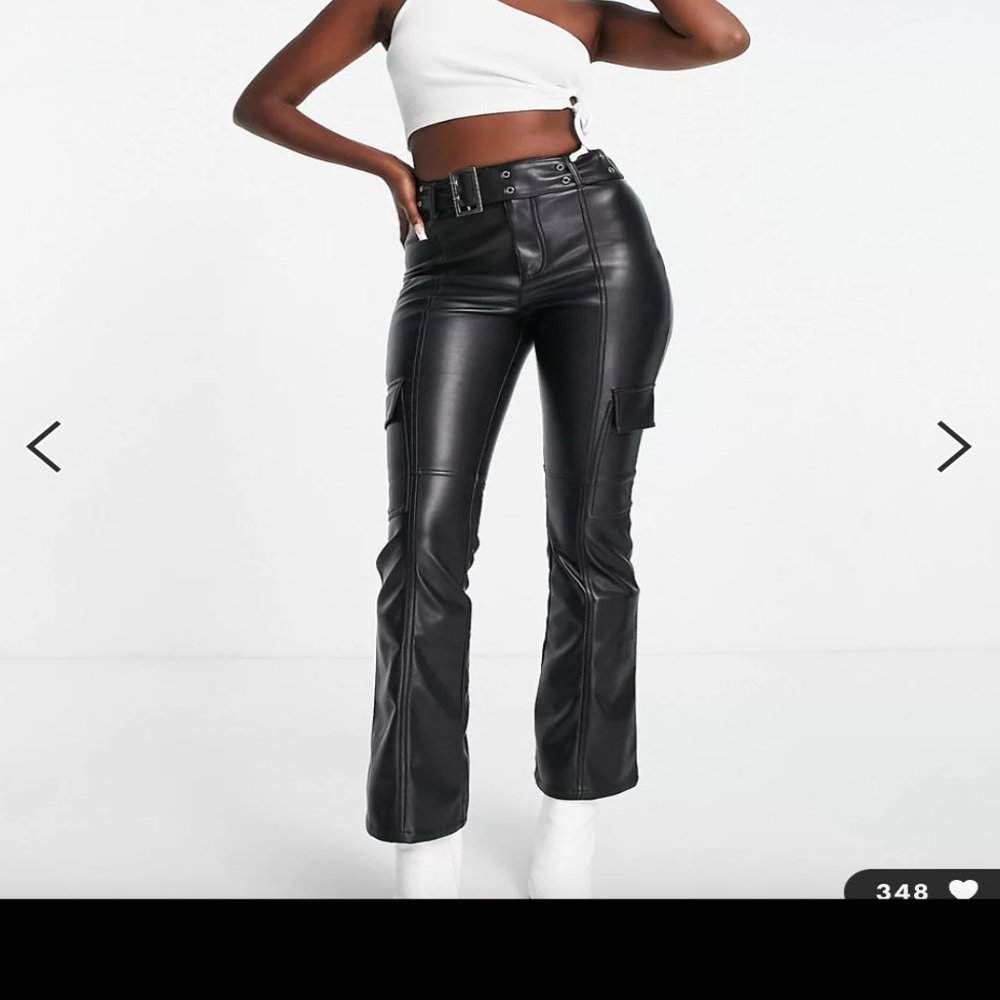 FAUX LEATHER FLARED PANTS WITH SILVER BELT